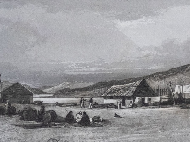 Thom’s Whaling Station, Porirua, from Pictorial illustrations of New Zealand, 1848, London, by Samuel Brees, Henry Melville Senior, John Williams and Co. Te Papa (RB001334) Two buildings on a harbour front, with people sitting about. Many barrels are in the foreground. Washing hangs on the line.
