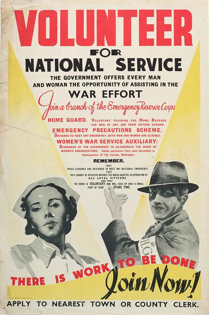 Poster, ’Volunteer For National Service’, Late 1940, Wellington, by E. V. Paul, Government Printer. Gift of Mr C H Andrews, 1967. Te Papa (GH014036)