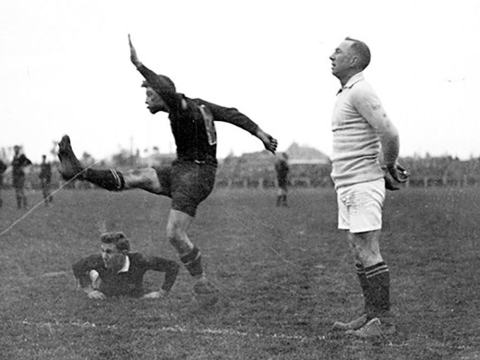 Rugby player kicking for goal, circa 1922, maker unknown. Purchased 1991. No known copyright. Te Papa (A.009936) Rugby player kicking for goal, circa 1922