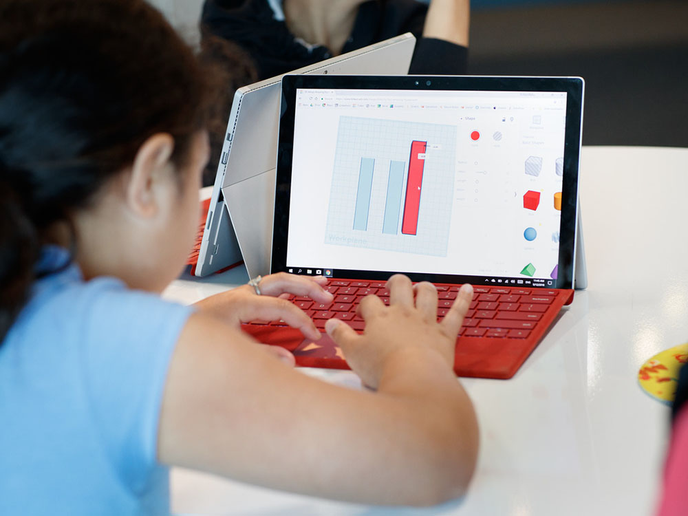 A girl uses a laptop computer