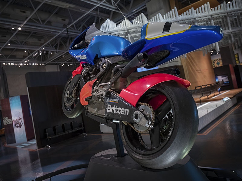 Britten Bike, 2019. Photo by Daniel Crichton-Rouse. Te Papa Close up of a motorbike in the museum