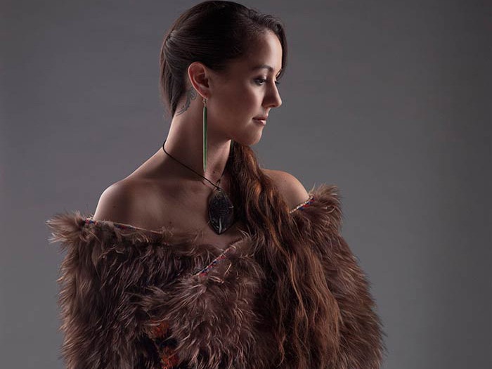 Atareta Sciascia wearing kahu kuri. Te Papa Atareta Sciascia wearing kahu kuri. Te Papa