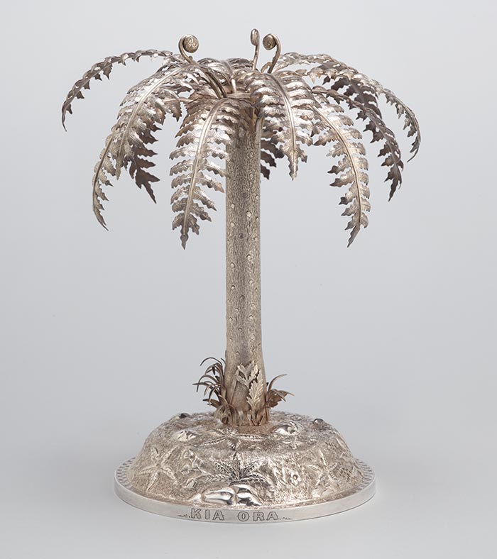 Table centrepiece, in the form of a Mamaku (tree fern), circa 1890, New Zealand, by Frank Grady. Purchased 1987 with Charles Disney Art Trust funds. CC BY-NC-ND licence. Te Papa (GH003567)