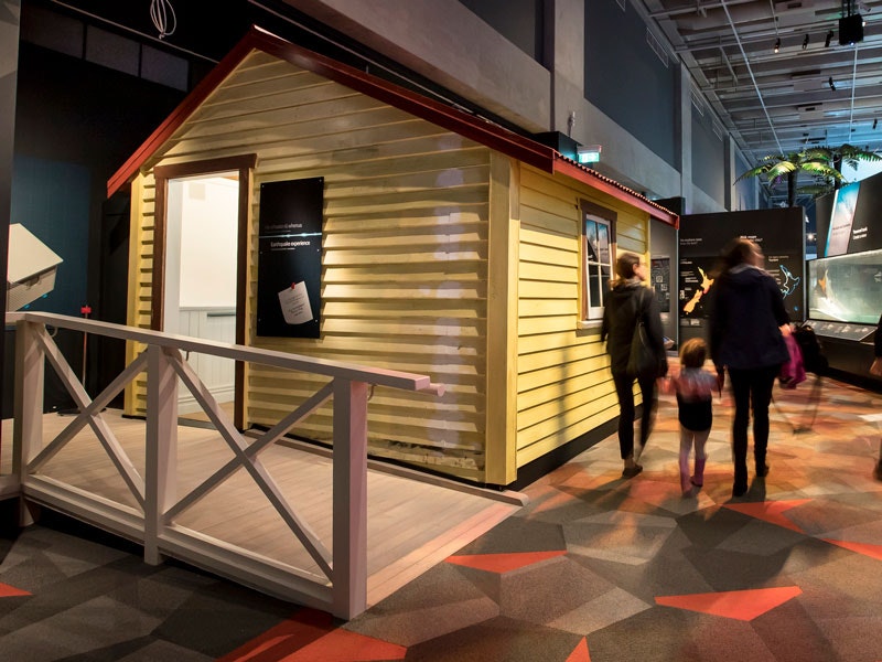 Quake House, 2019. Photo by Maarten Holl. Te Papa Visitors by the Earthquake House