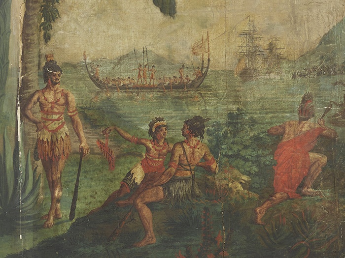 Les Sauvages de la Mer Pacifique (The native peoples of the Pacific Ocean), 1804-5, Mâcon, by Mr Jean-Gabriel Charvet, Mr Joseph Dufour. Purchased 2015 with Charles Disney Art Trust funds. Te Papa (2015-0048-1) Section of the Sauvages Wallpaper