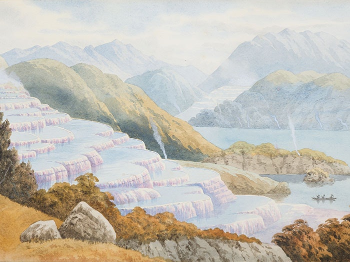 The Pink Terraces, circa 1875, Auckland, by John Hoyte. Te Papa (2016-0003-1) Watercolour painting of the Pink and White Terraces