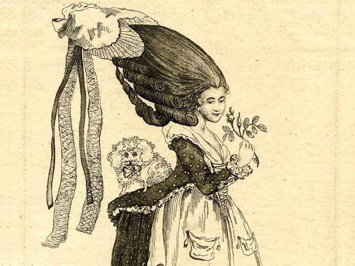 The cork rump, or Chloe’s cushion, 1776.”Pubd Novr 19, 1776, by J.Walker No.13 Parliament St”. British Museum J,5.112. (CC BY-NC-SA 4.0) A illustration of a lady in the 18th century with a 'cork rump' so large her dog can sit on it