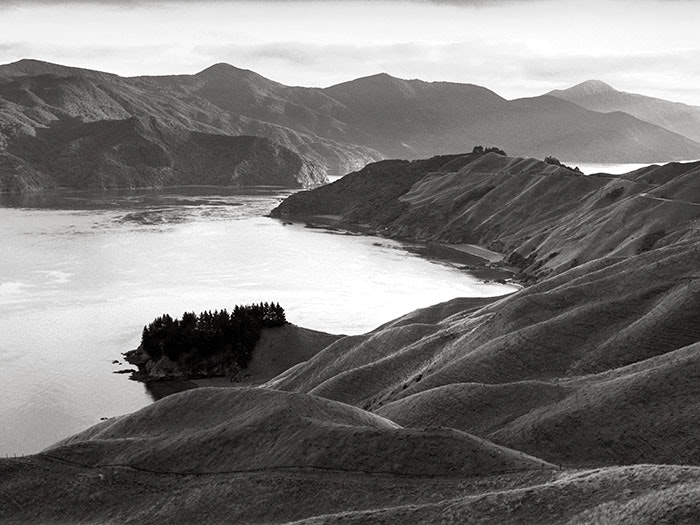 Te Kawau-a-toru (The pet shag of Kupe) French Pass, Marlborough, 2002. Photograph by Michael Hall. Commissioned by Te Papa with Government Capital Grant, 2002. CC BY-NC-ND licence. Te Papa (F.007215/04) Black and white photograph of French Pass, Marlborough