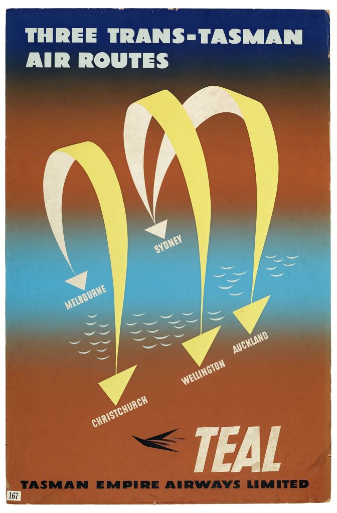 Poster titled Three Trans-Tasman Air Routes for TEAL