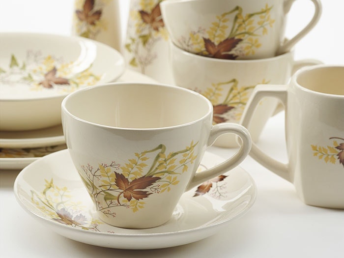 ’Autumn Splendour’ dinner set, 1963, Auckland, by Crown Lynn Potteries Ltd. Gift of Denis Phelps, 1999. CC BY-NC-ND licence. Te Papa (GH009081/1-48) Autumn Splendour dinner set by Crown Lynn