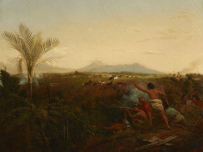 William Strutt, View of Mt Egmont, Taranaki, New Zealand, taken from New Plymouth, with Maoris driving off settlers’ cattle, 1861, oil on canvas. Purchased 2015. Te Papa (2015-0042-1) =""