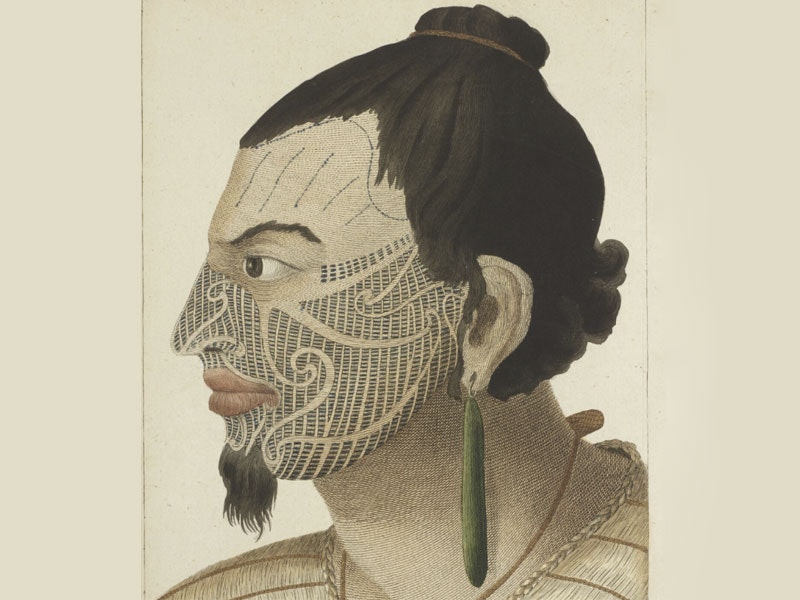 Sydney Parkinson, Head of Otegoowgoow. Son of a New Zealand Chief, the curiously tataoued. Plate 21. From the book: A journal of a voyage to the South Seas, in his Majesty’s ship the Endeavour (link is external), 1784. Te Papa (RB000268/109a) Illustration of a tattooed Māori chief 1784
