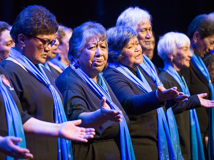 Waikato Taniwharau o Tainui performing at Kaumātua Kapa Haka 2017. Te Papa Ladies singing and dancing
