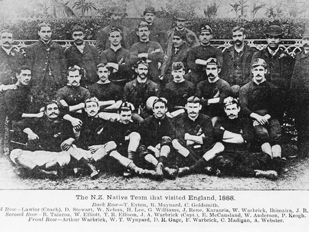 The New Zealand Native Team that visited England, 1888, location unknown (possibly England), photographer unknown. Photograph courtesy of Alexander Turnbull Library The New Zealand Natives rugby team posing for a team photo
