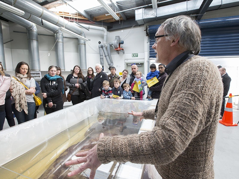 Te Papa marine collection manager Andrew Stewart introduces visitors to the colossal squid in Te Papa’s fish research facility, 2016. Photograph by Kate Whitley. Te Papa Visitors look at the colossal squid in Te Papa’s fish research facility