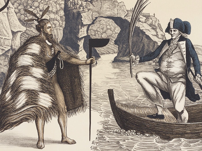 Marian Maguire, Captain Cook makes his approach from the West, from 'The odyssey of Captain Cook', 2005, lithograph. Te Papa (2006-0015-1/4) Drawing of Captain Cook and a Māori meeting