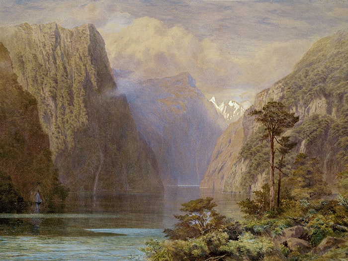 John Gully, Milford Sound, 1883. Te Papa (1946-0005-1) Watercolour painting of Milford Sound