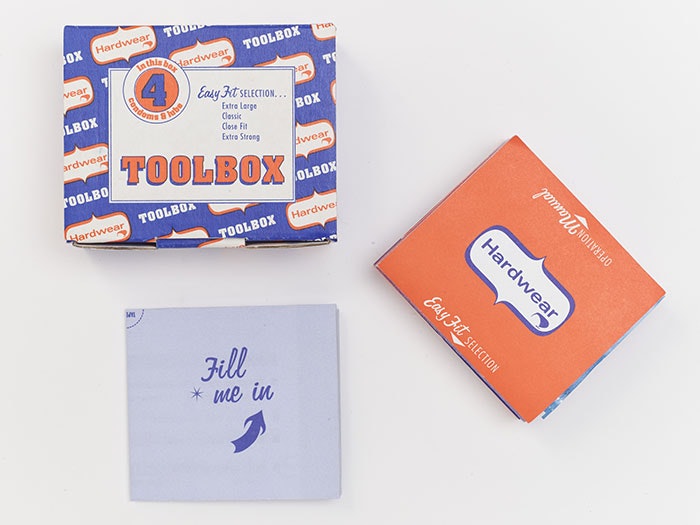 Toolbox condoms and lube, 1997, New Zealand, by New Zealand AIDS Foundation. Gift of Dame Margaret Sparrow, 2011. Te Papa (GH023727) Toolbox condoms and lube