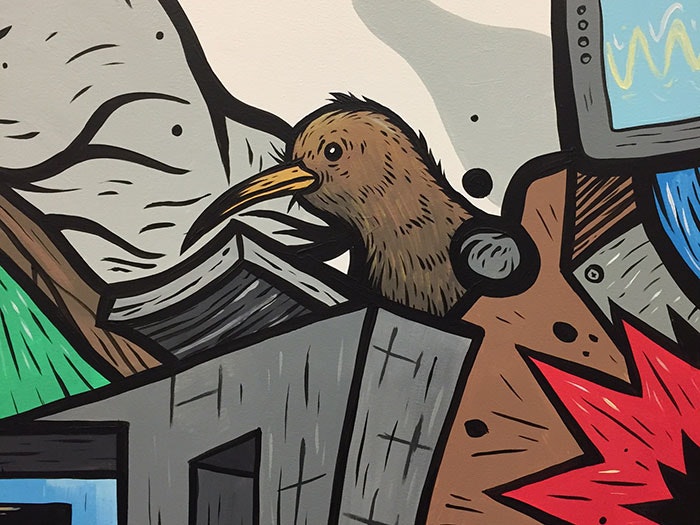 Hīnātore wall illustration (detail) by Gwil, 2017. Te Papa Close-up of a wall illustration, focusing on the kiwi