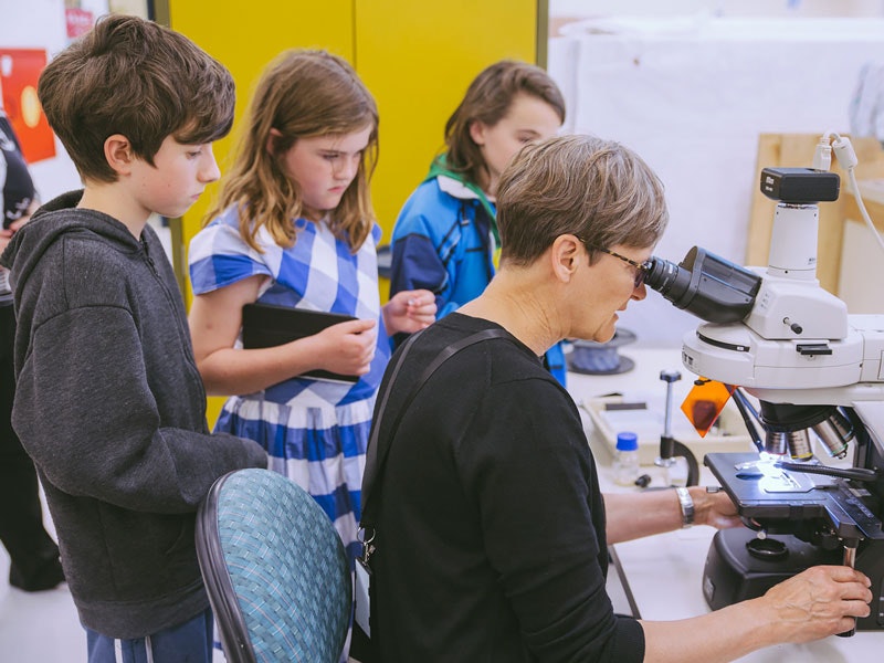 Children from Pukerua Bay School watch a conservator at work, 2017. Te Papa Young school children watch a painiting conservator at work