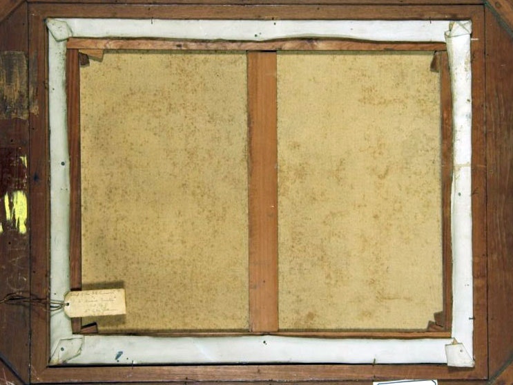 The back of Norman Garstin, Portrait of D K Richmond, 1903, oil on canvas. Te Papa (2015-0019-1) Back of a framed painting