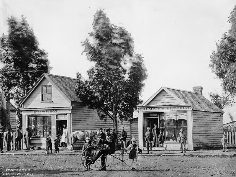 Detail of Town street, Geraldine, circa 1870, Canterbury, by William Ferrier. Purchased 1999 with New Zealand Lottery Grants Board funds. Te Papa (O.020707) =""