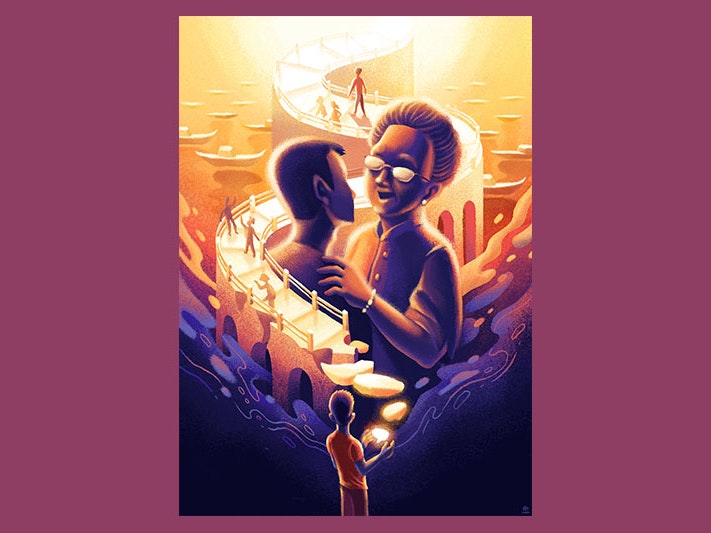 Detail from Hsen-Han Khoo’s story, 2022. Illustration by Kwok Yi, courtesy of the artist Illustration depicting memories: of a young man embracing his grandmother, of a pathway showing many people in his lives