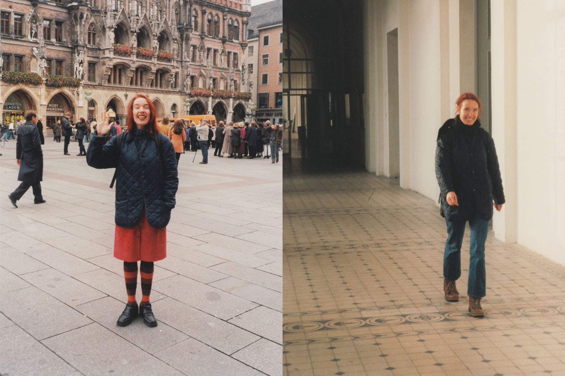 In the left photos Lisa stands in a grand plaza and waves at the camera while in the second photo, at a school, she walks towards the camera smiling