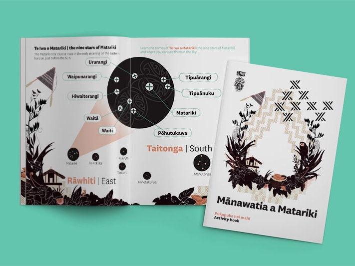 Matariki activity book, 2022. Te Papa Computer-generated image of the activity book lying open showing its cover and inside pages