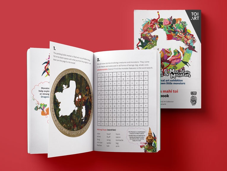 Curious Creatures & Marvellous Monsters art activity book, 2018. Designed by Chloe Reweti. Te Papa =""