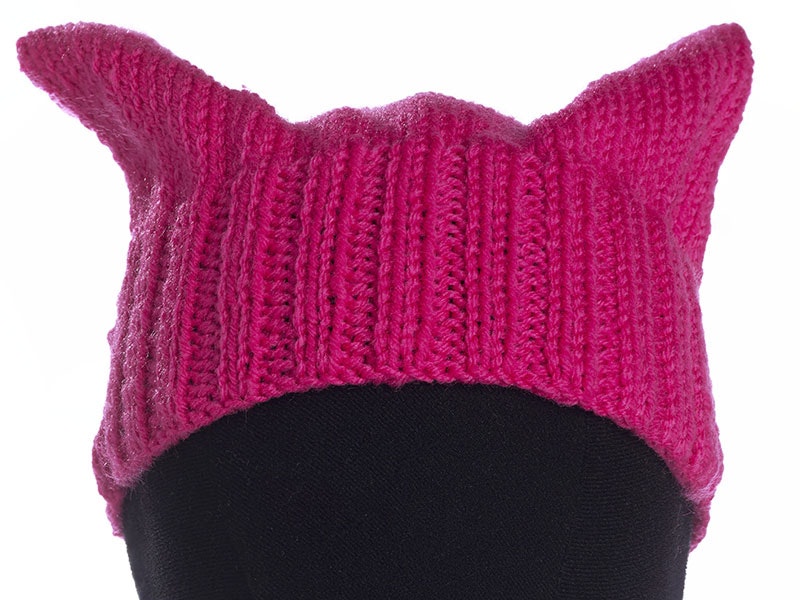 Pussyhat, 2017, New Zealand, by Erin Kennedy. Gift of Erin Kennedy, 2017. CC BY-NC-ND 4.0. Te Papa (GH018161) Knitted hat in pink and with cat ears