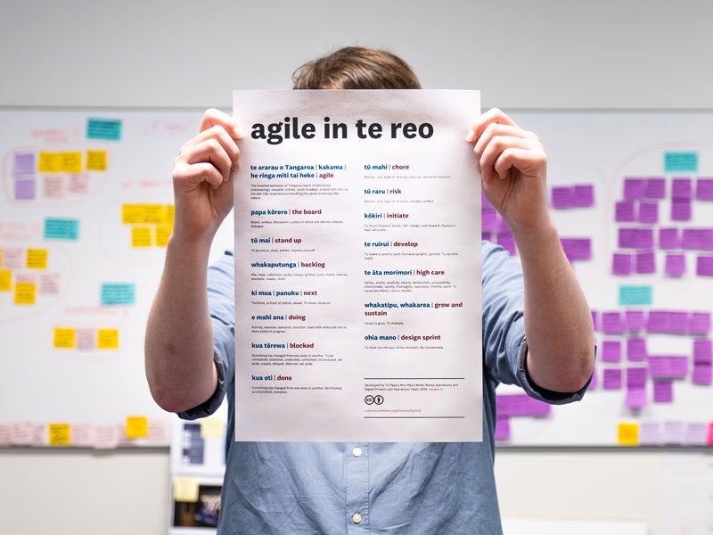 The agile in te reo Māori poster, 2018. Photo by Rachael Hockridge. Te Papa A man holds up a piece of paper with the te reo Māori translations for agile project management words