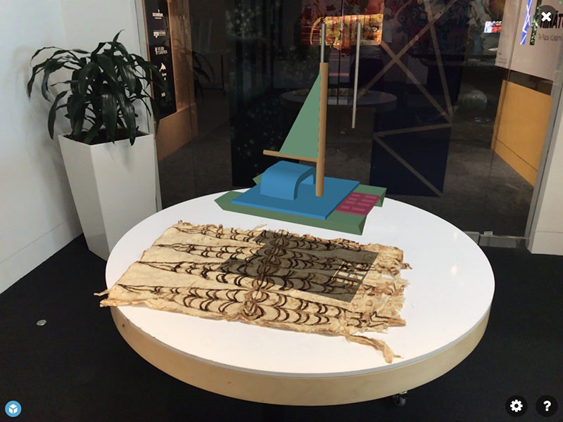 AR vaka (canoe) created by school student using Tinkercad. Photo by Donald James. Te Papa Digital vaka (canoe) displayed on top of a table via a screen