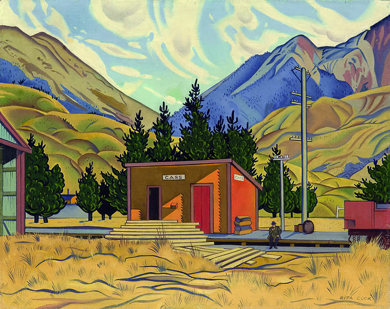 Painting of a small orange single-building train station. Behind are large rolling hills and a cloudy sky. A man sits by the station, smoking a pipe.