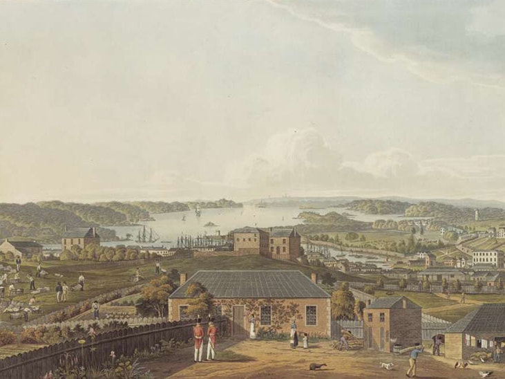 The entrance of Port Jackson and part of the town of Sydney, New South Wales, after a drawing by Major Taylor, 48th Regiment, 1823, by R. Havell & Son, print. Rex Nan Kivell Collection, National Library of Australia (PIC Drawer 2261 #S1972) Coloured picture of buildings and a harbor