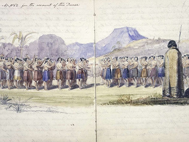Edward Markham, A dance called Karne Karne or Cune Cunee, 1801-1865, from New Zealand or recollections of it. Alexander Turnbull Library (MS-1550-006) Watercolour of women dancing