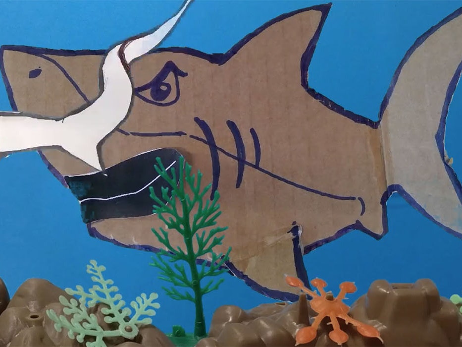 Screenshot of Ngā uri o Tangaroa, 2019. Te Papa Screenshot of a video showing two cardboard sharks floating in a sea