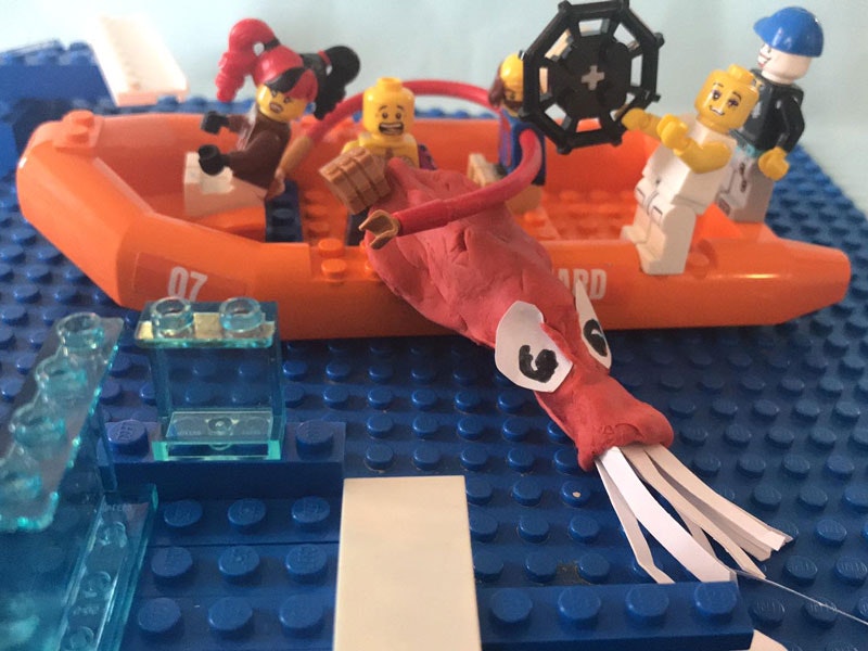 Using Plasticine and Lego to make a fishing boat and colossal squid