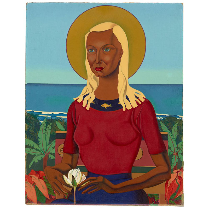 Painting of Rita Angus sitting with the ocean behind her and a yellow circle behind her head like an aura. She is holding a white flower