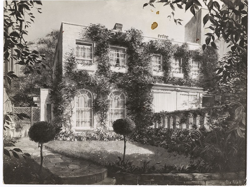 Durham Cottage (Sir Lawrence and Lady Olivier), 1954, by Felix Kelly. Te Papa (CA000557/001/0121) Photo of a large house, with creepers growing on its facade, and large windows. A manicured lawn is in front of the house