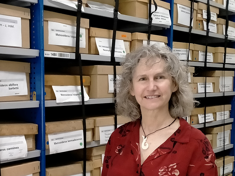 A woman standing in front of a shelf full of labeled boxes.