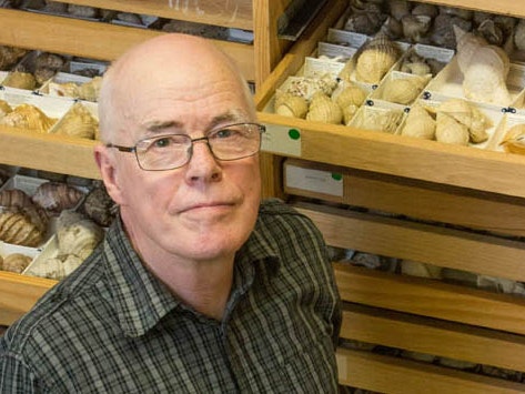bruce_marshall_-02.jpg A head and shoulders photo of a man standing in front of trays of mollusc shells