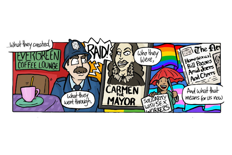 A single panel from a comic featuring a montage containing a policeman, a poster of Carmen Rupe, a rainbow flag and a newspaper