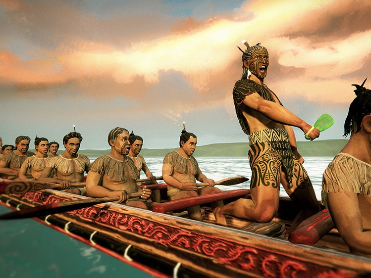 A still from the Whakakitenga VR experience. Photo courtesy of Dusk Ltd. An illustration of Māori warriors in a waka with a chief standing up and calling out.