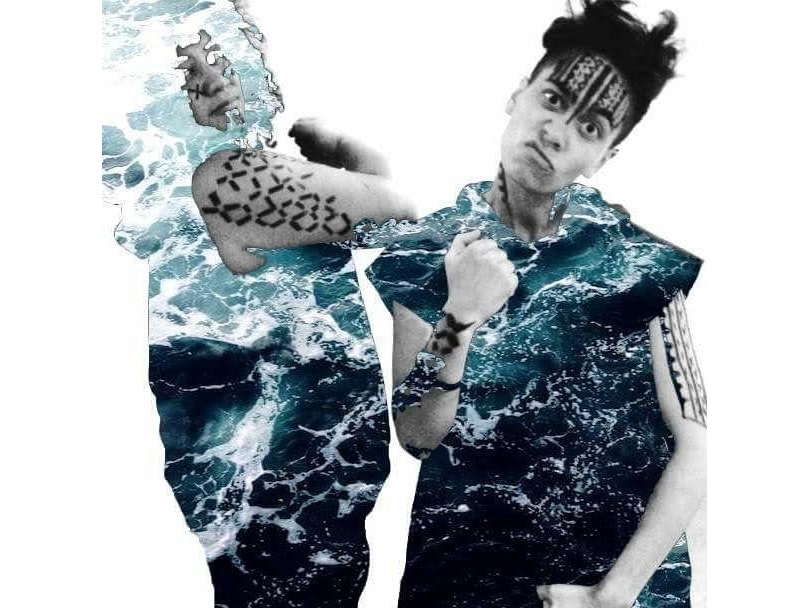 Zapelu Kidz at Obscene, 2016. Photo courtesy of Fetuolemoana Teuila Tamapeau Art photo of two people with hooded tops on that look have waves of the ocean photoshopped onto them