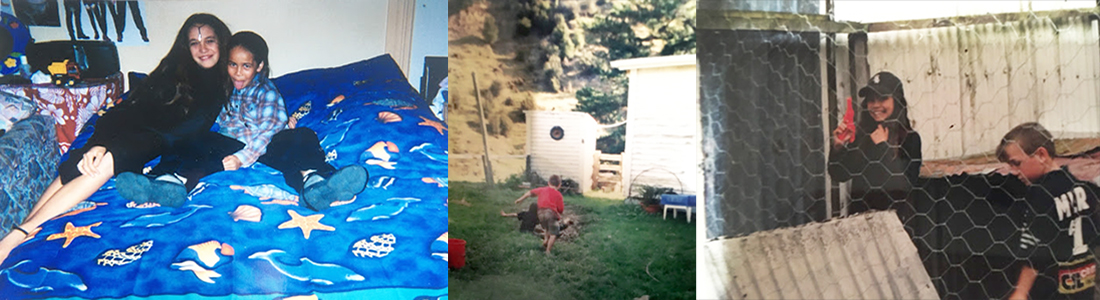 An adult and child on a blue bed, a child playing on a mud slide, two children in a backyard