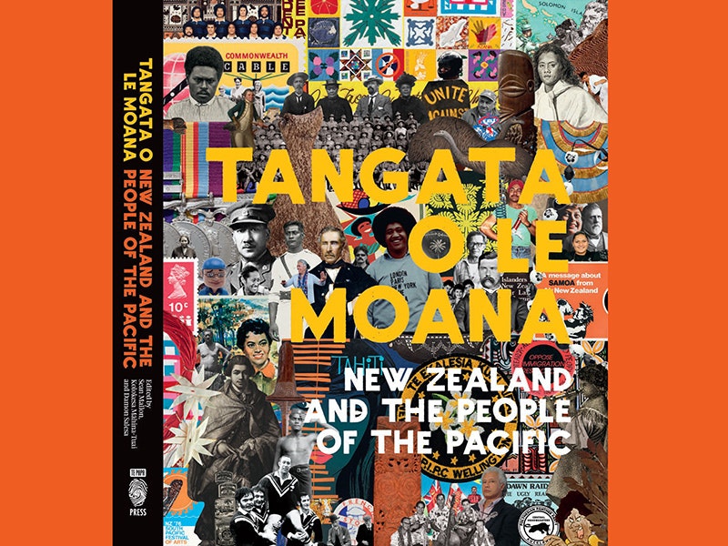 Cover for the 2012 edition of Tangata o le Moana, Te Papa Press A book cover with a lot of people on it on an orange background