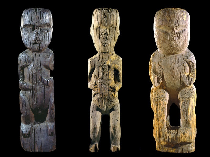 Three pou kātua Three pou kātua, depictions of persons carved into wooden posts
