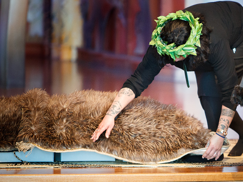 A woman dressed in black is leaning over to arrange a feather cloak on some boxes