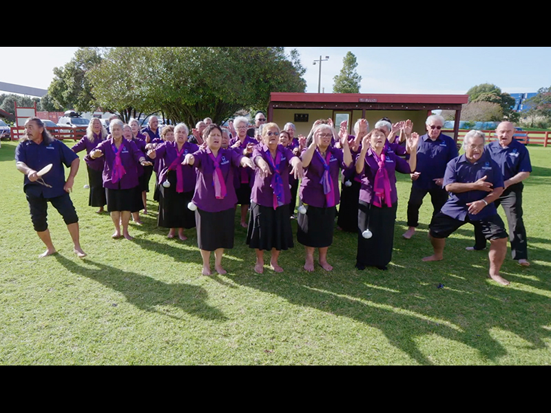 A group of people on a lawn dancing in formation in the sunshine